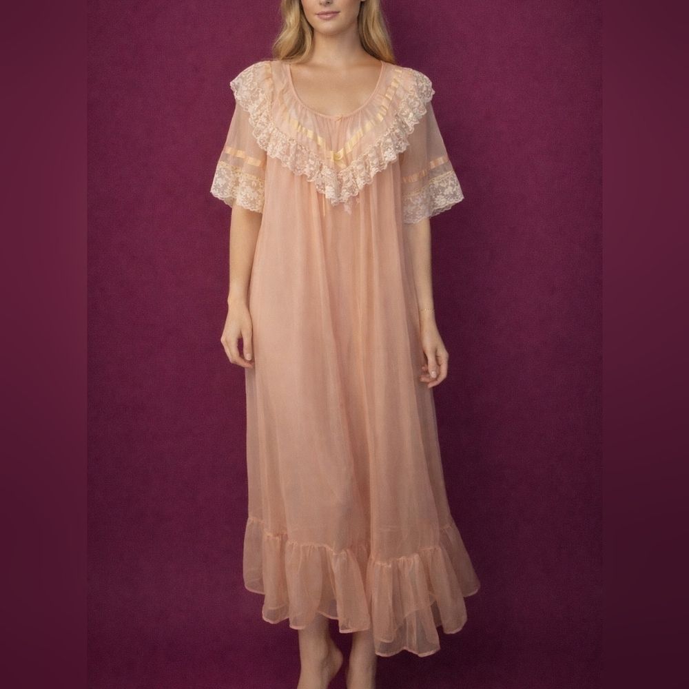 VTG 1960s HELEN OF TROY Lace Satin Chiffon Lingerie Slip Peignor Set